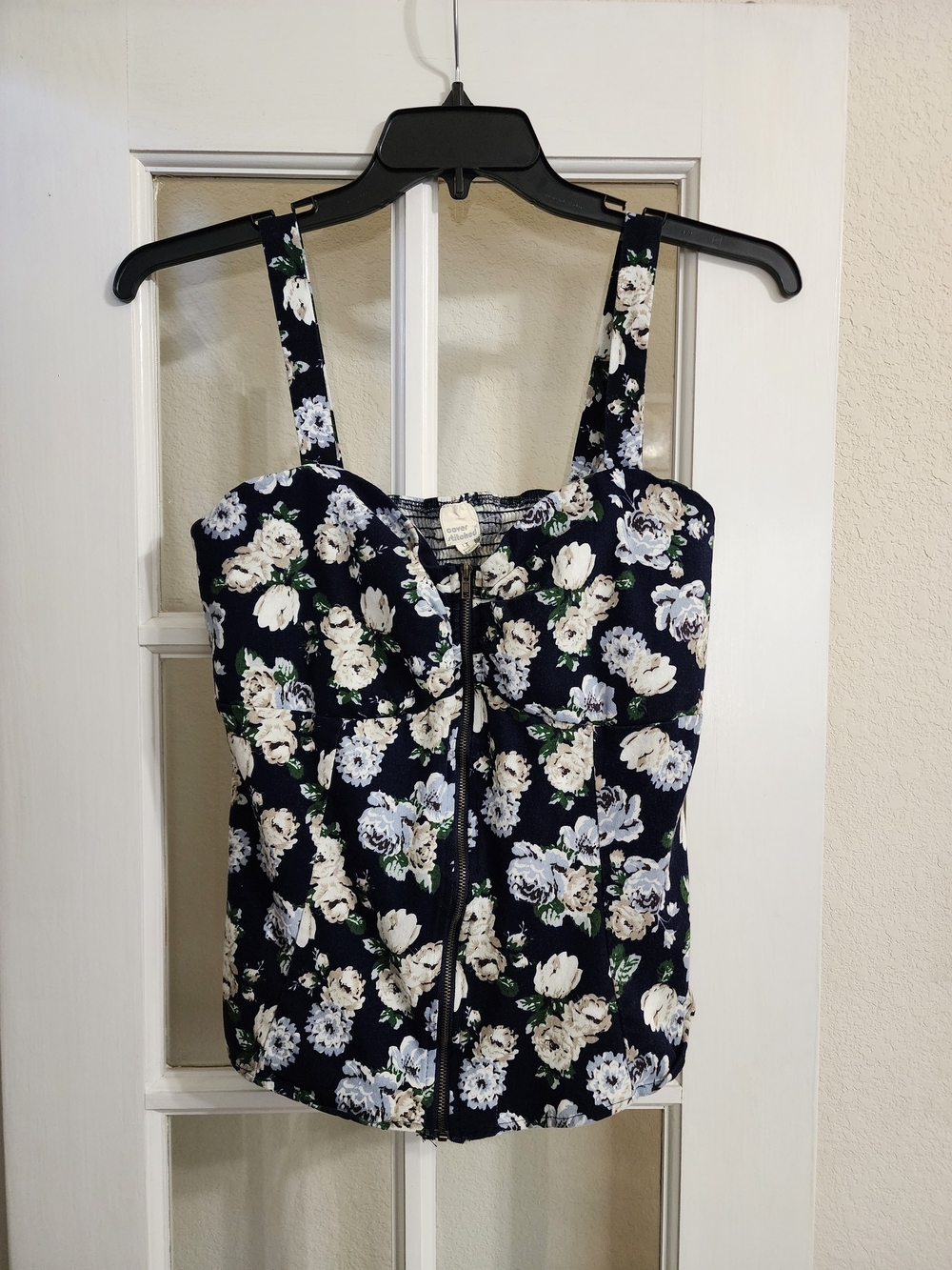 Coverstitched Floral Corset Top 1X Navy Front Zip Bustier Smocked Back